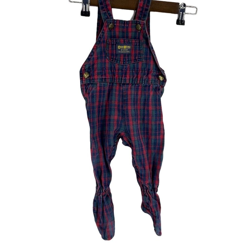 OshKosh B'gosh Vintage Plaid Vestbak Blue Overalls Unisex Infants 6-9 Months